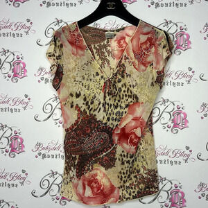 Y2K  orange USA shirt fairy sleeves cheetah print gold cream brown cinched front